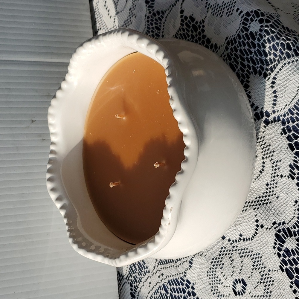 White Stoneware bowl w/Gingerbread scent candle New 3 wick Celebrating Home